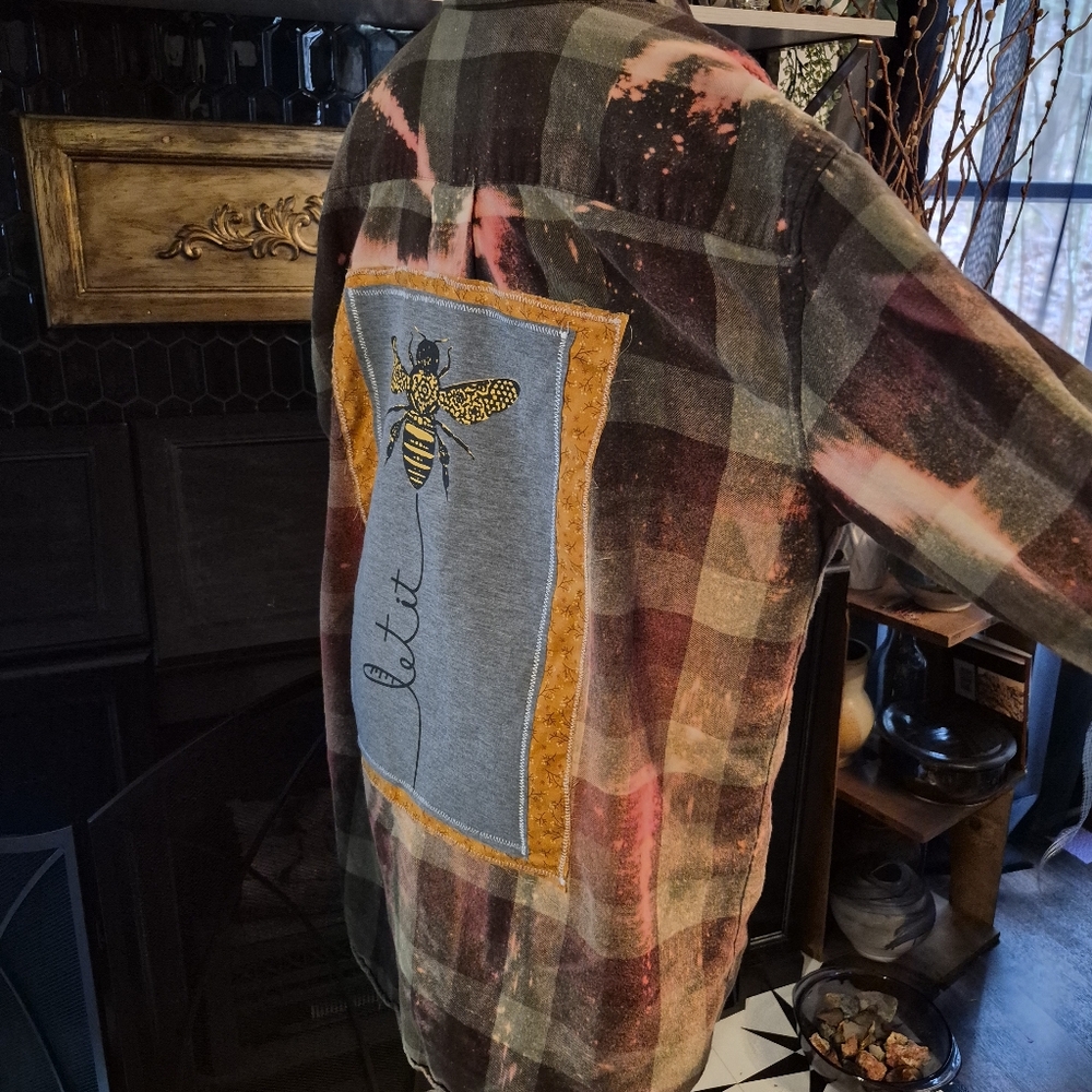 Upcycled Bleached And Distressed Flannel with Handmade Bee Patch Let It Bee - Picture 6 of 8